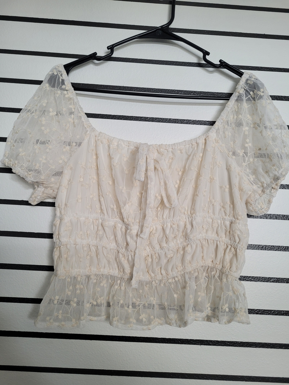 Cream Lace Tie-Front Peasant Blouse - Women's Short Sleeve Top